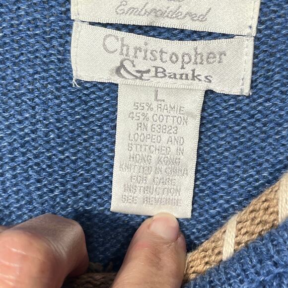 VTG Christopher & Banks Sweater Hand Embroidered Blue Holiday Moose Knit L - Picture 5 of 7